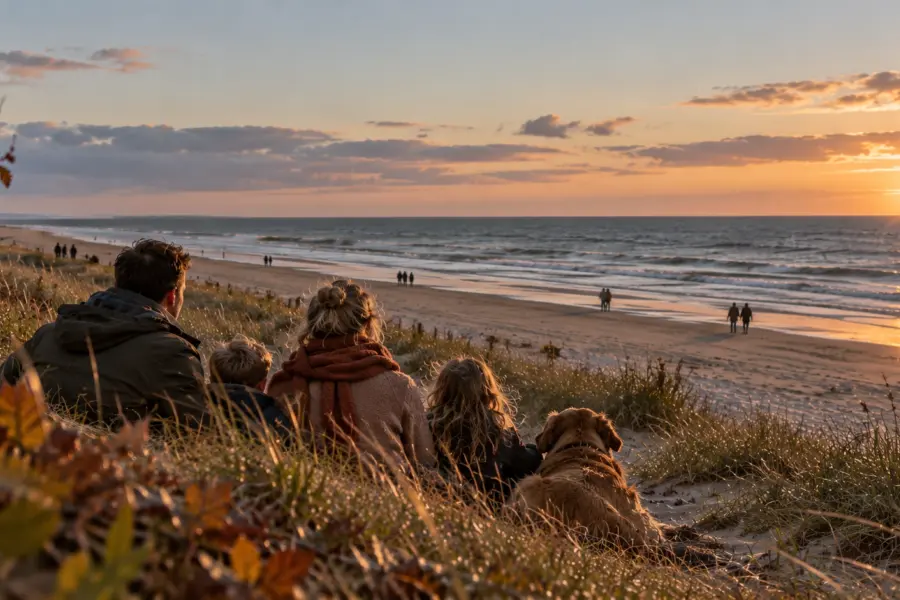 Familie en hond bij zonsondergang aan zee